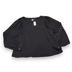 NEW Gap Women's Blouse Top Shirt Size L, Black, Slit Sleeve, Gold Nailhead NWT